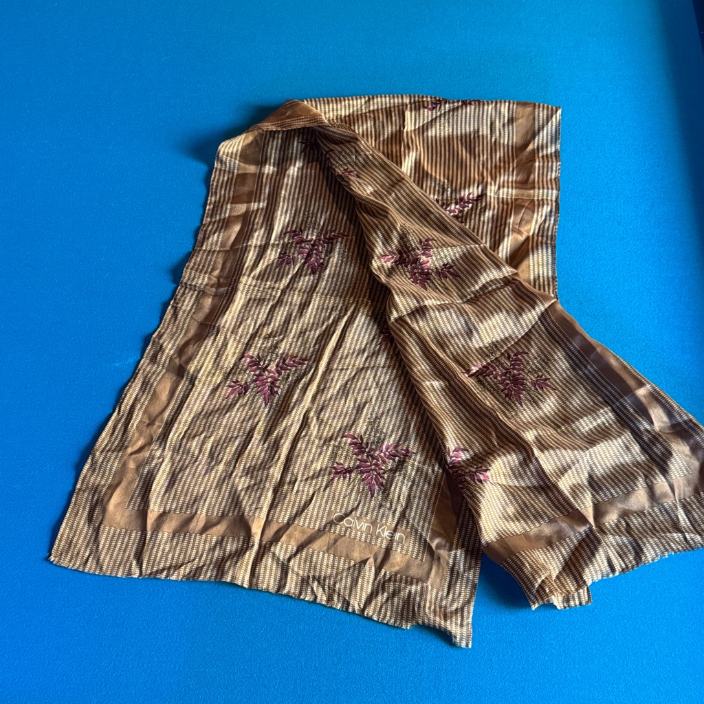 Vintage 100% Silk Brown Striped Scarf With Burgundy Floral Pattern
